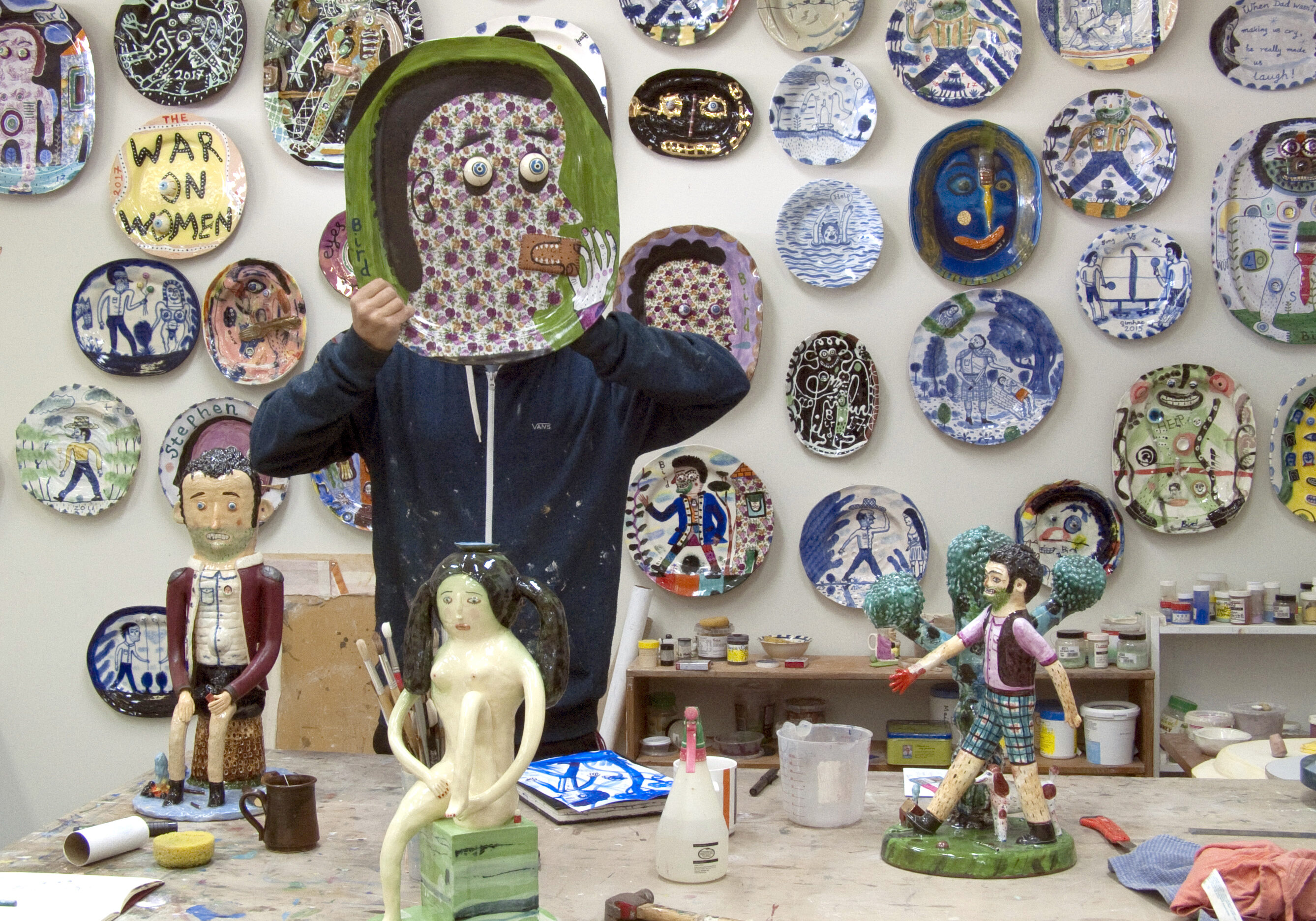 Stephen Bird in his studio with head plate, Sydney 2017, image: Charlotte le Brocque