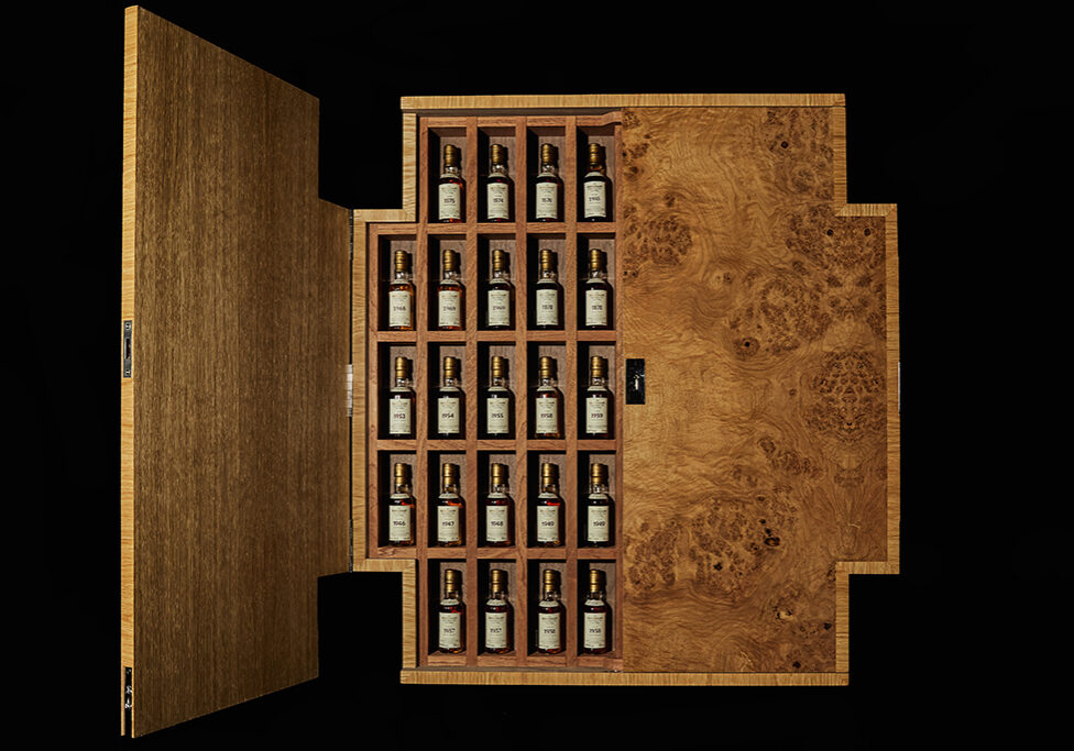 The Macallan Fine and Rare Miniature Bottles, 43%, 46 in total, is to be offered in an exclusively commissioned lockable wall-mounted cabinet, designed by British craftsman James Laycock. It has an estimate of £55,000-£88,000