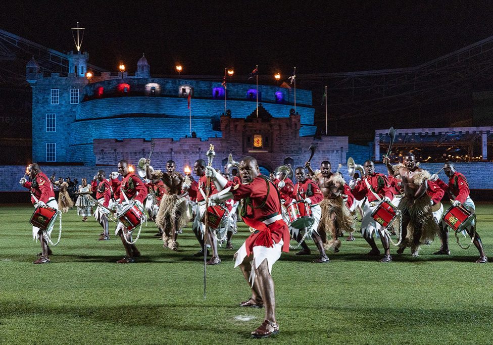 The Republic of Fiji Military Forces Band performs at the dress rehearsal for the Royal Edinburgh Military Tattoo at ANZ Stadium in Sydney