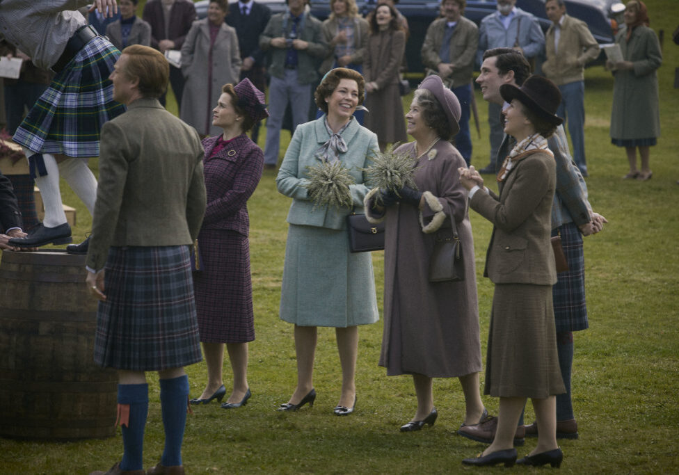 The Crown S4. Picture shows: Prince Philip (TOBIAS MENZIES), Princess Margaret (HELENA BONHAM CARTER), Queen Elizabeth II (OLIVIA COLMAN), Queen Mother (MARION BAILEY), Prince Charles (JOSH O CONNOR) and Princess Anne (ERIN DOHERTY). Filming Location: Rothiemurchus, Scotland