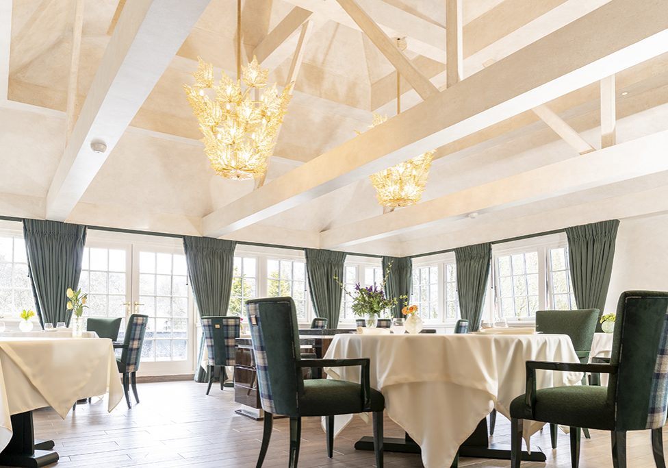 The Glenturret Lalique dining room, featuring two spectacular Lalique chandeliers.