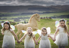 LEAPING WILLOWS: (l-r) Hayley Cottle (6), Katie Wark (6), Amilia Wark (4) Murrin Houston (6) celebrate the arrival of a 7ft willow unicorn at Crawick Multiverse, Dumfries &amp; Galloway, Scotland. The sculpture, handmade by willow artist Woody Fox, has been created to  mark Scotland’s links to the mythical creature as part of National Unicorn Day (9 April). Visitors to the popular attraction will be able to meet the new addition throughout the coming months. In honour of National Unicorn Day, VisitScotland is challenging people across the country to embark on their own unicorn hunt and take a quest in search of tributes to our national animal.
Pictures by Julie Howden/Visit Scotland