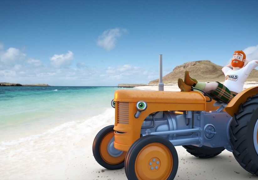 Donald from Skye and Fergie the tractor relax on one of Skye's beaches