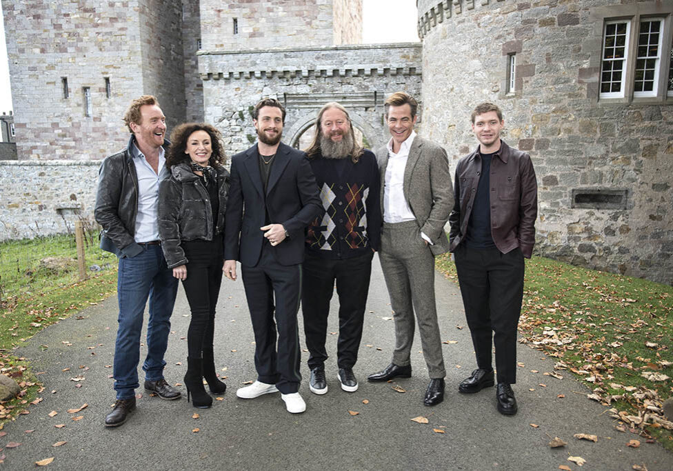 The cast , director and producer of the new Netflix film Outlaw King , outside Borthwick Castle near Edinburgh , Scotland.
The castle was one of the locations used for  shooting during the making of the film.
L to r ..... Tony Curran , Gillian Berrie (producer) . Aaron Taylor-Johnson , David Mackenzie (director) , Chris Pine , Billy Howle
© Wattie Cheung/Netflix……19/10/18