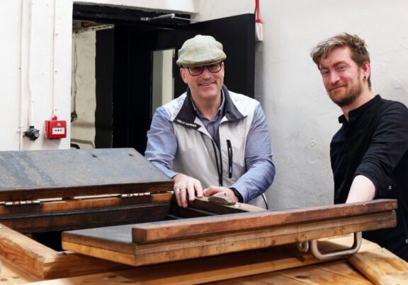 Ross Caithness with Olivier MacLean, Tobermory Distillery Visitor Centre Manager.