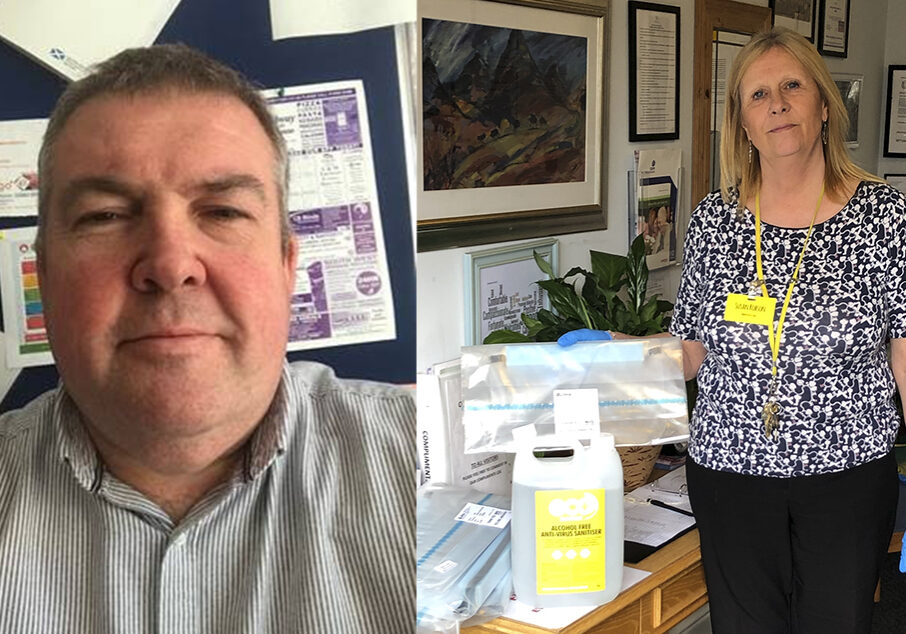 John Whitehouse, deputy manager of Dryfemount Care Home in Lockerbie, who has thanked rapid response specialists ECO. Susan Robson, of Dryfemount Care Home in Lockerbie, with anti-virus sanitiser donated by ECO.