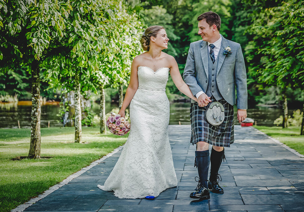 A happy couple on their most memorable day at Dunkeld House Hotel